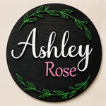 Custom 3D Wooden Name Sign Leaf Wreath Plaque Birch Plywood Botanical Decor