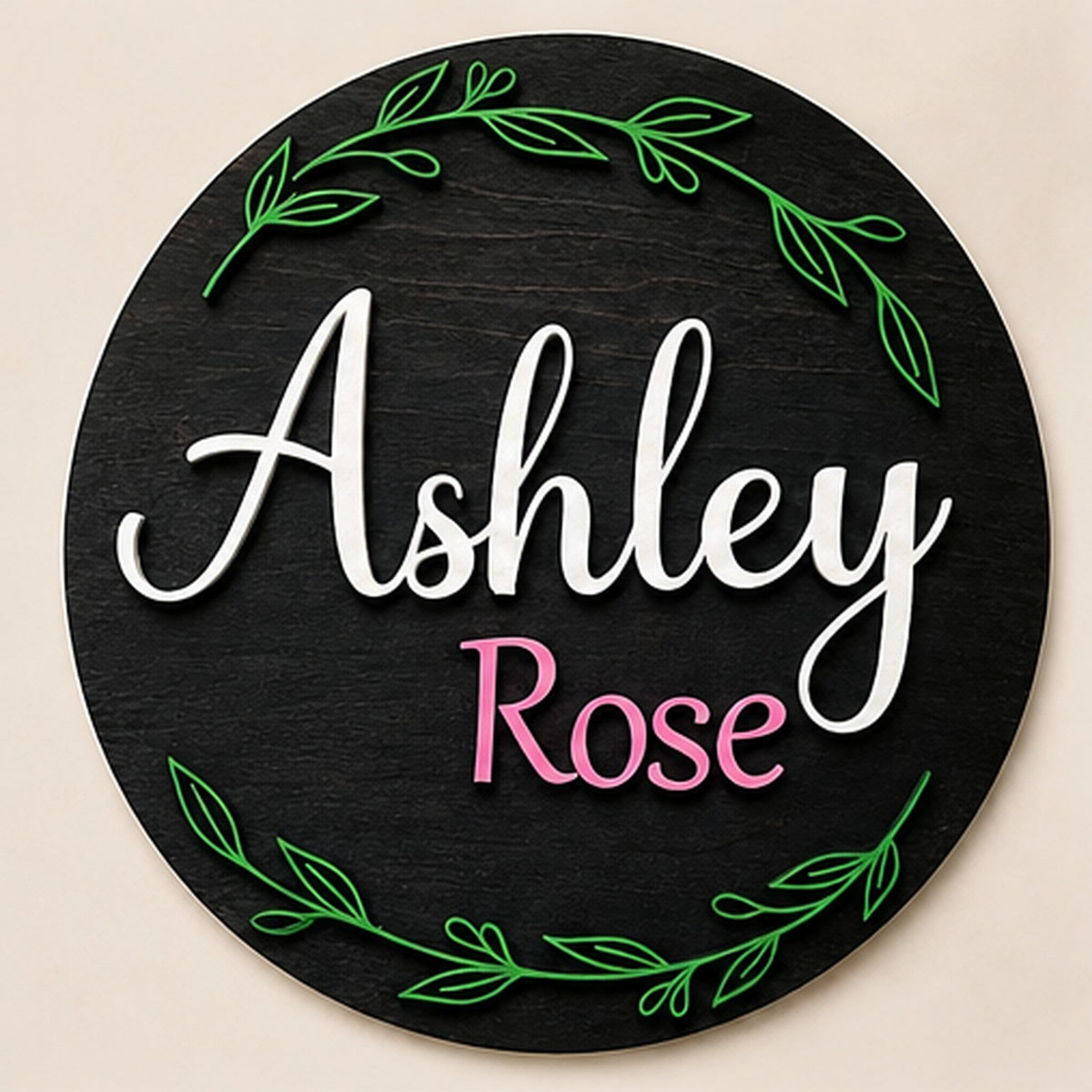 Custom 3D Wooden Name Sign Leaf Wreath Plaque Birch Plywood Botanical Decor