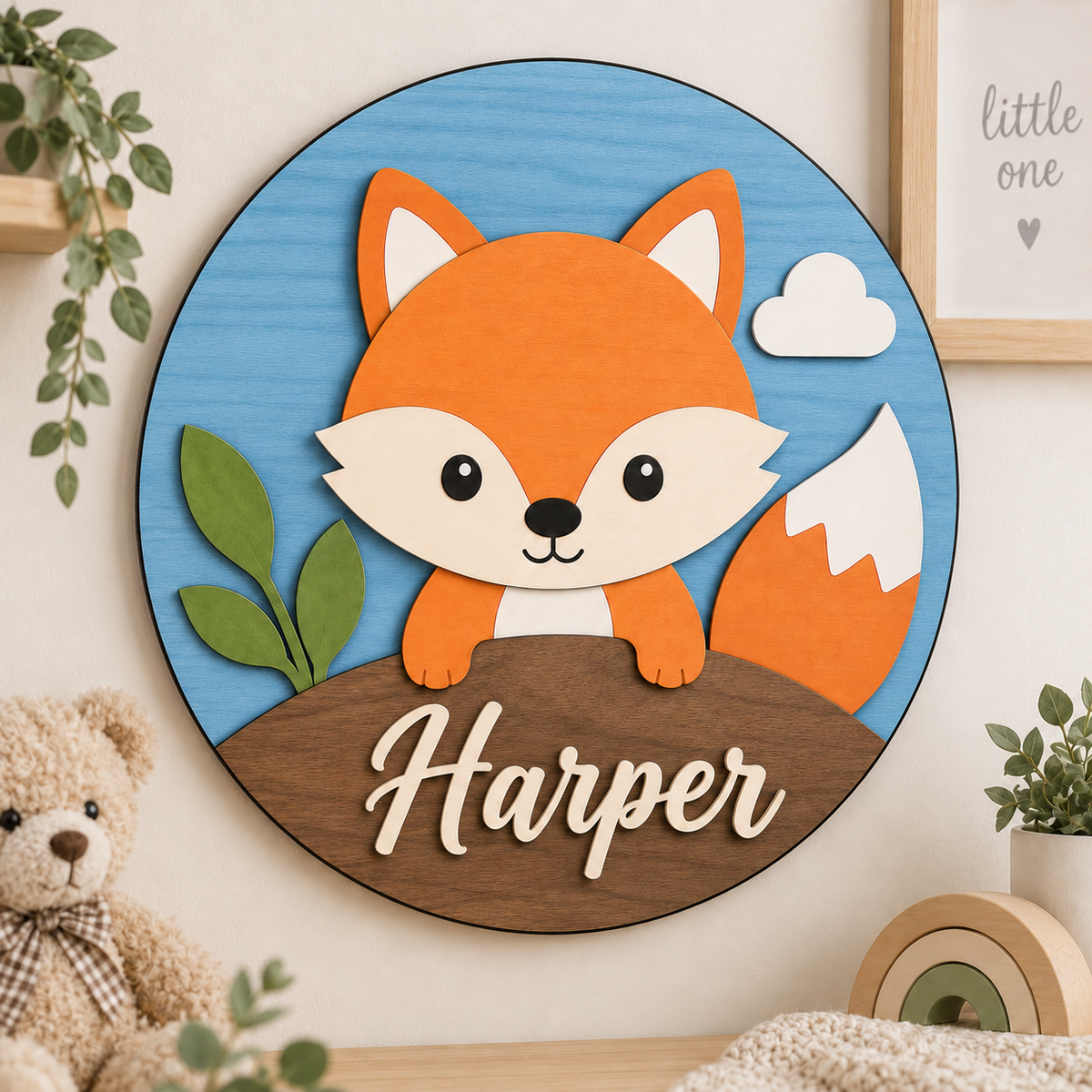 Personalised Wooden Fox Name Sign Kids Nursery Bedroom Wall Decor