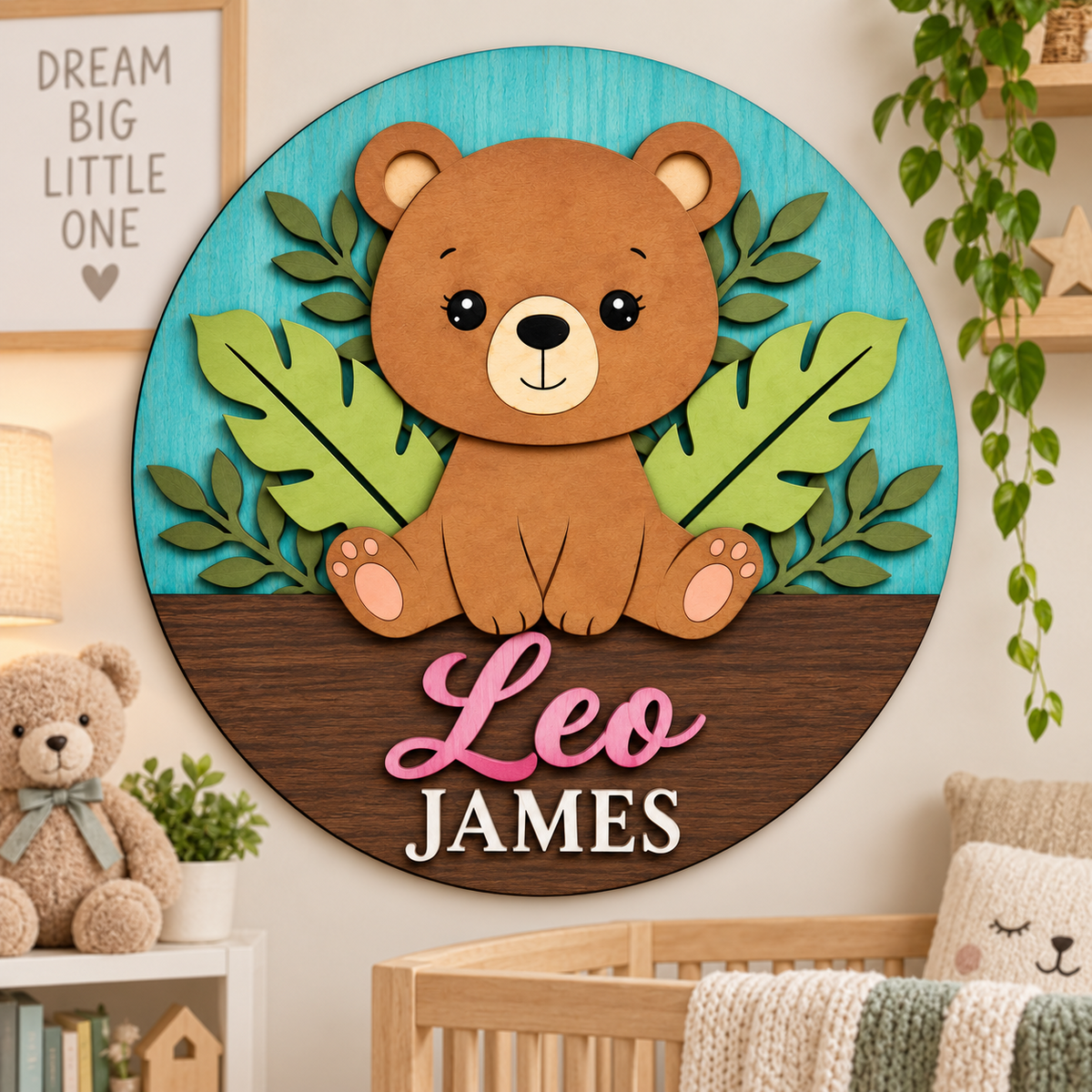 Personalised Wooden Bear Name Sign Kids Nursery Bedroom Wall Decor