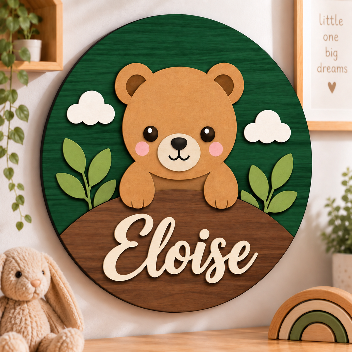 Personalised Wooden Bear Name Sign Kids Nursery Bedroom Wall Decor