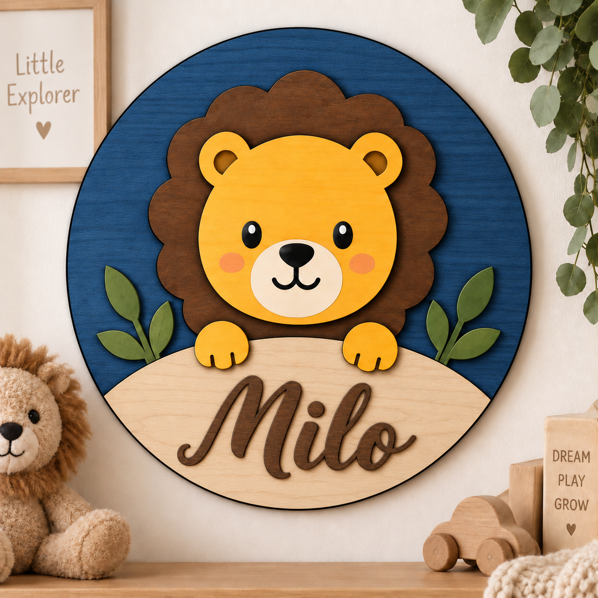 Personalised Wooden Lion Name Sign Kids Nursery Bedroom Wall Decor