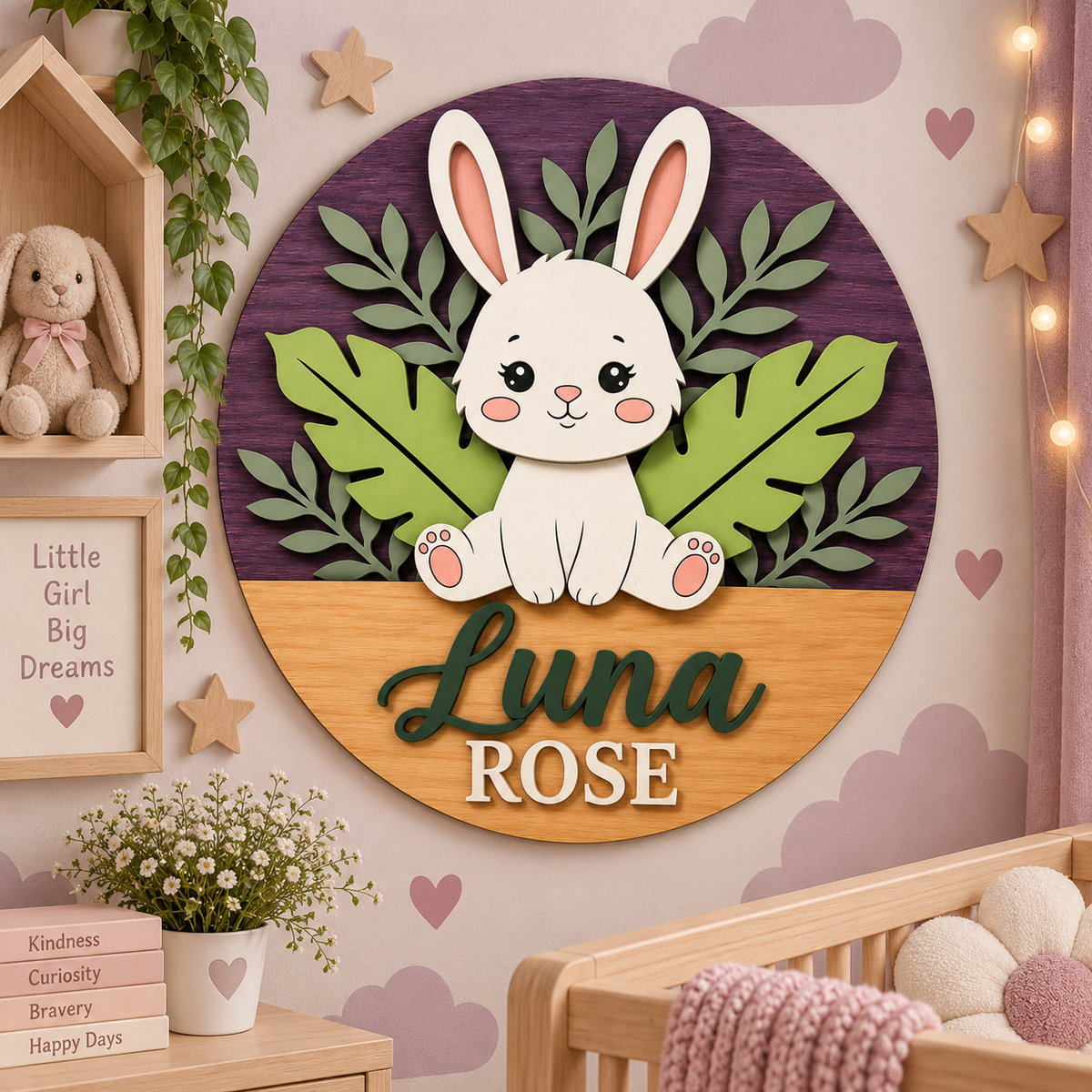 Personalised Wooden Bunny Name Sign Kids Nursery Bedroom Wall Decor