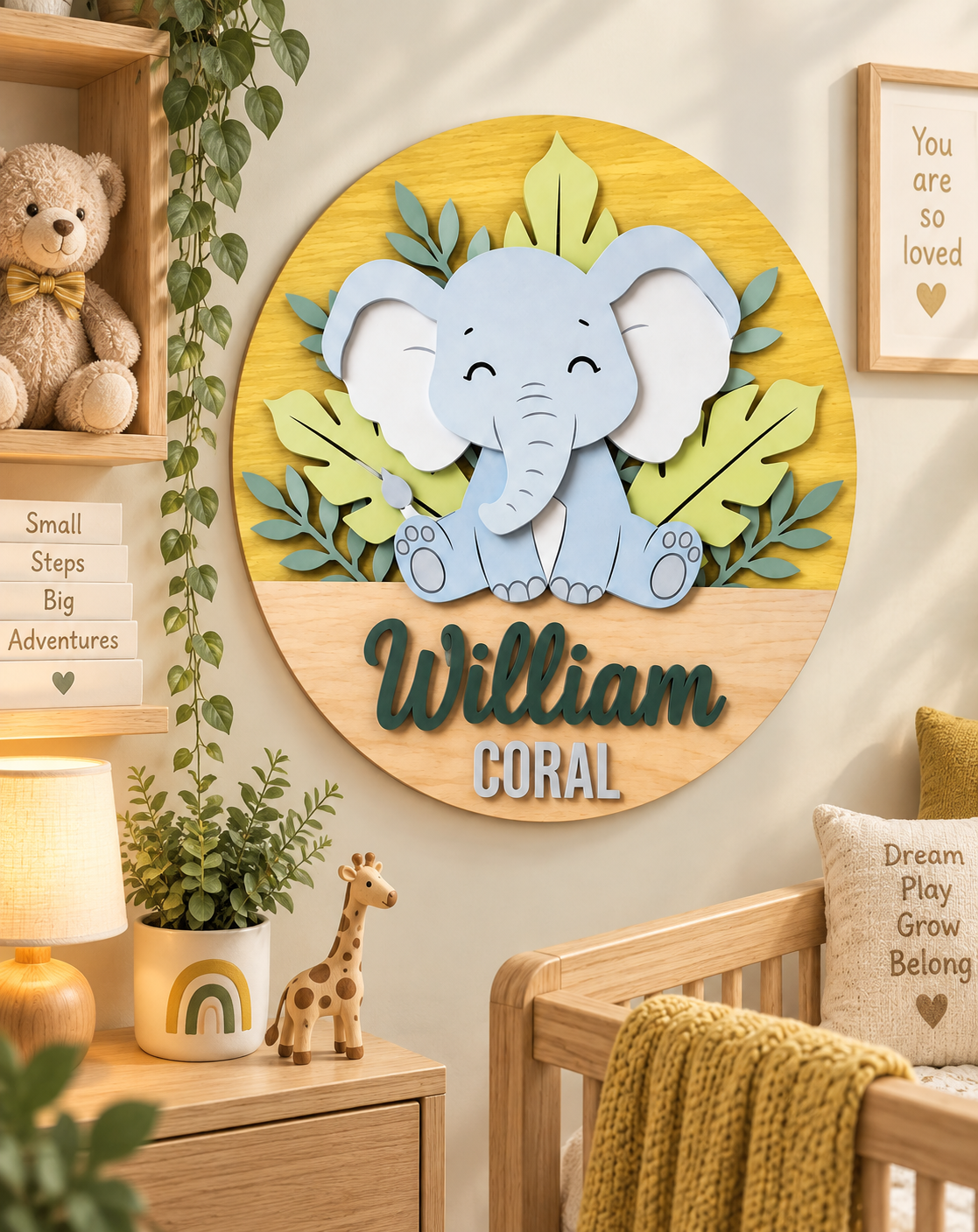Personalised Wooden Elephant Name Sign Kids Nursery Bedroom Wall Decor