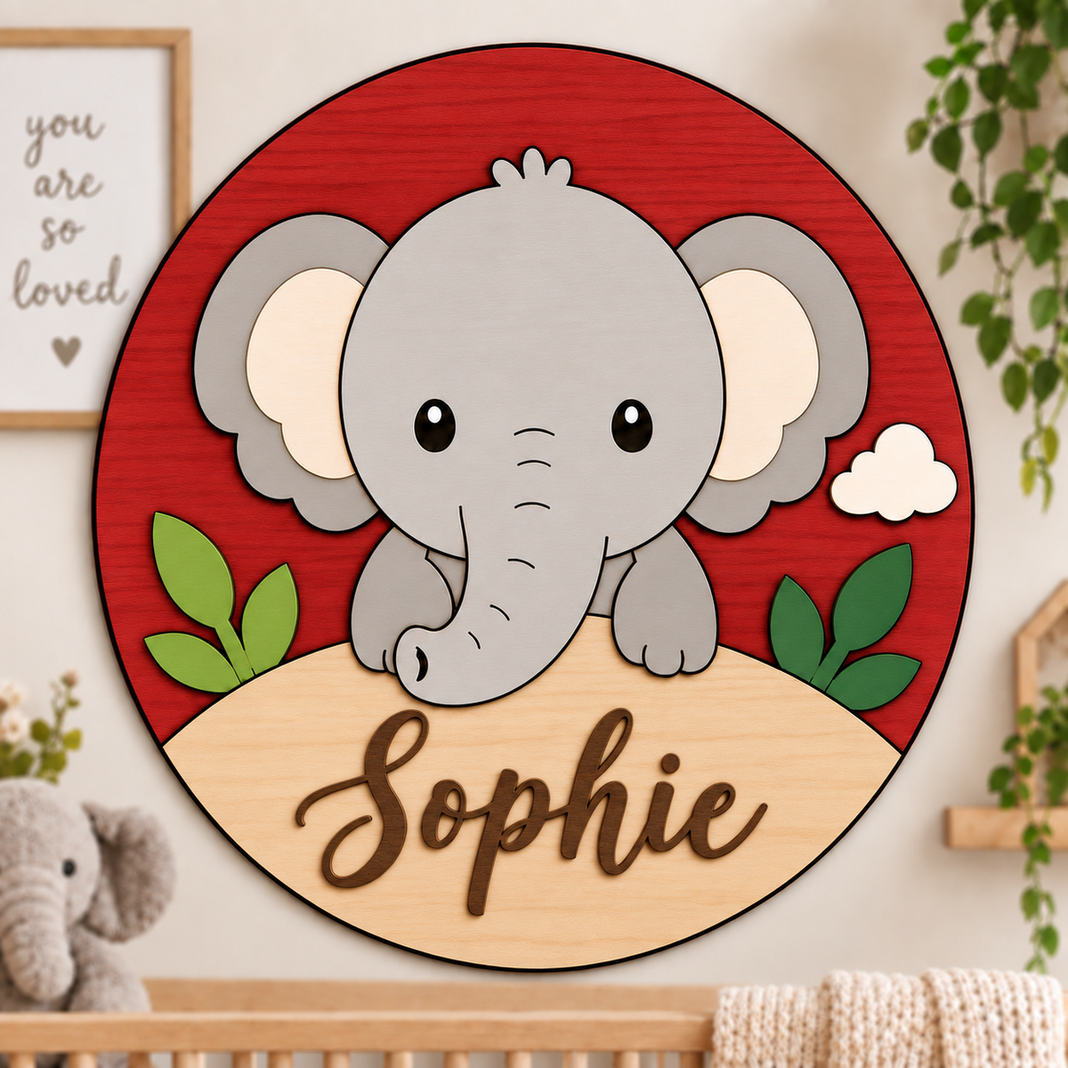 Personalised Wooden Elephant Name Sign Kids Nursery Bedroom Wall Decor