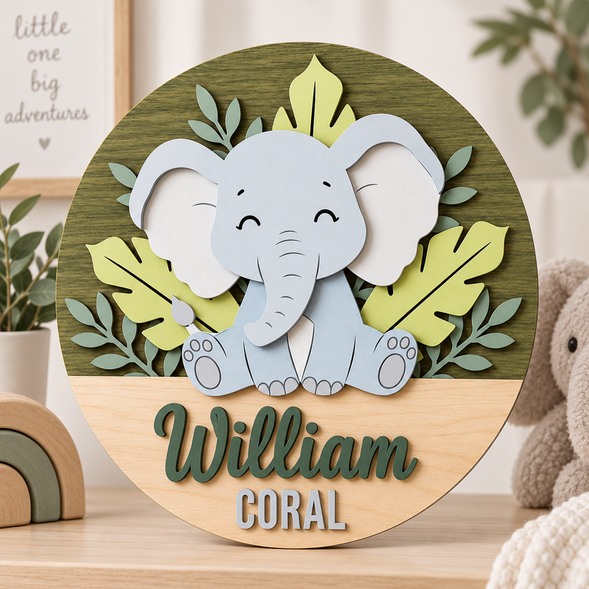 Personalised Wooden Elephant Name Sign Kids Nursery Bedroom Wall Decor