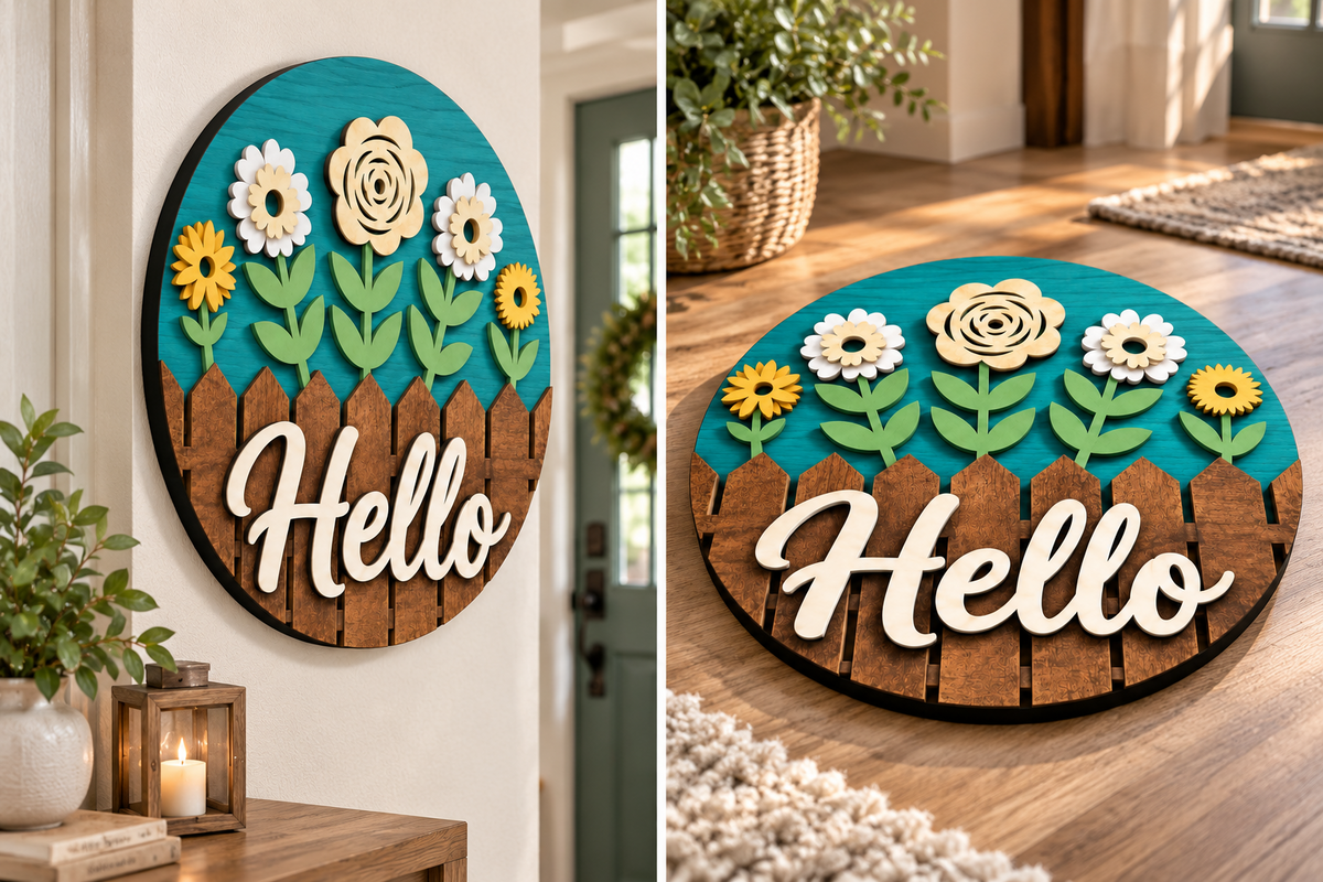 Personalised Floral Welcome Wooden Sign Front Door Home Wall Decor