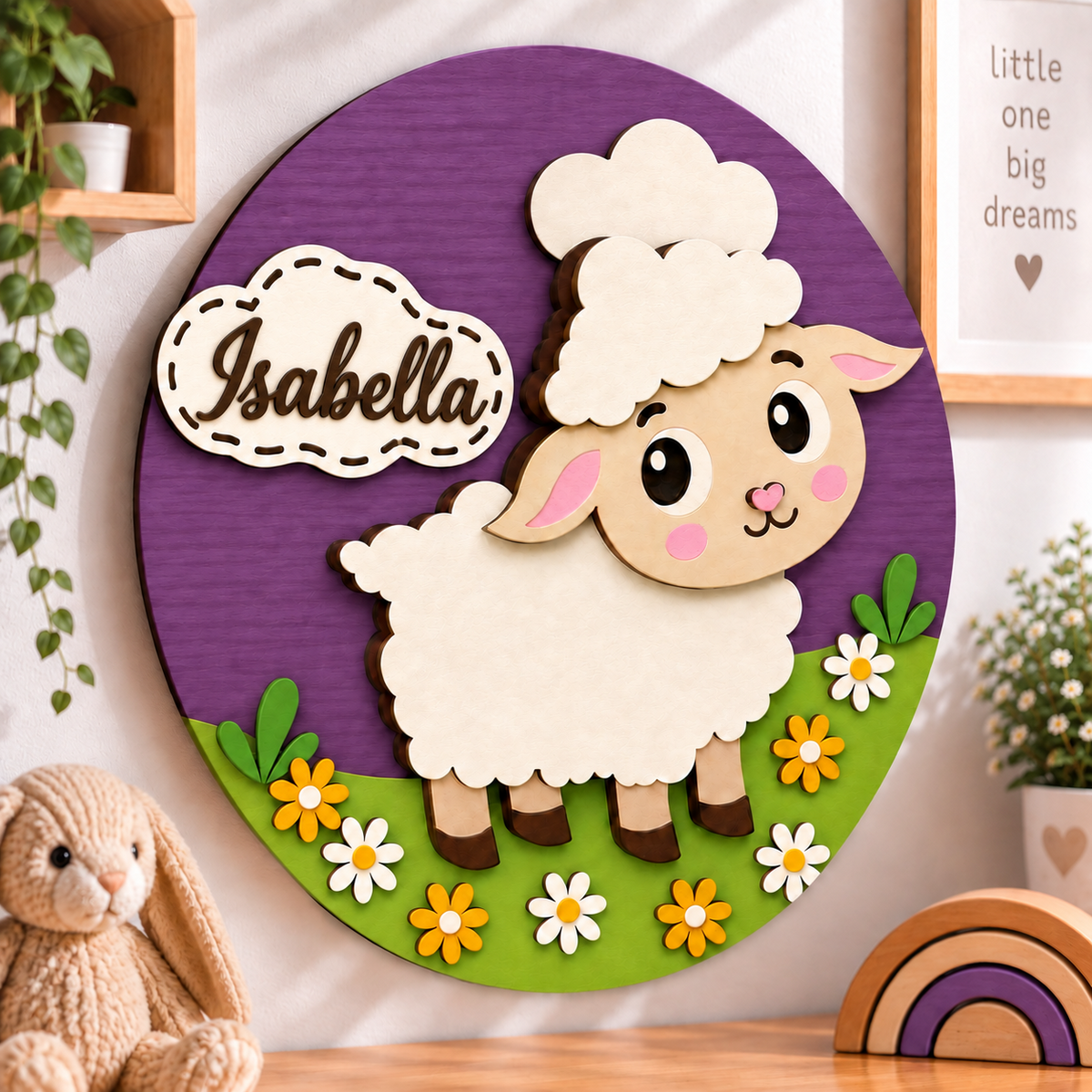 Personalised Wooden Sheep Name Sign Kids Nursery Bedroom Wall Decor