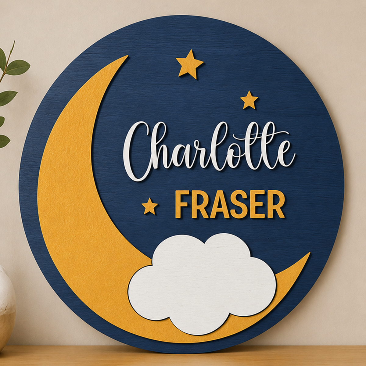 Personalised Moon Stars Wooden Name Sign Nursery Night Sky Wall Decor