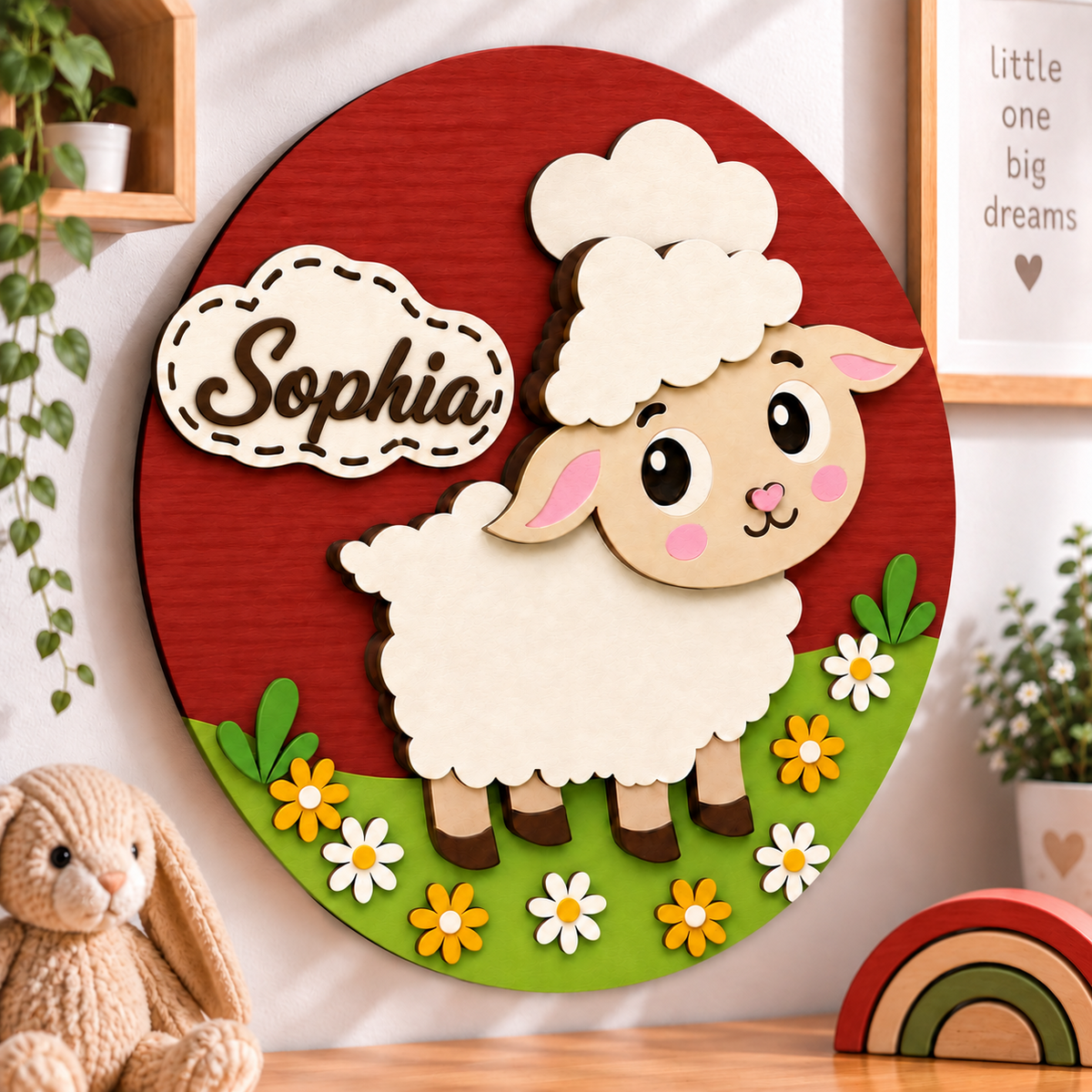 Personalised Wooden Sheep Name Sign Kids Nursery Bedroom Wall Decor