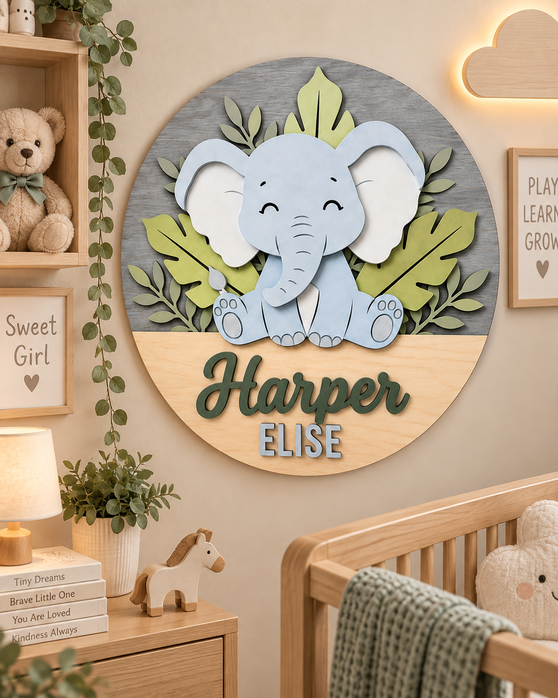 Personalised Wooden Elephant Name Sign Kids Nursery Bedroom Wall Decor