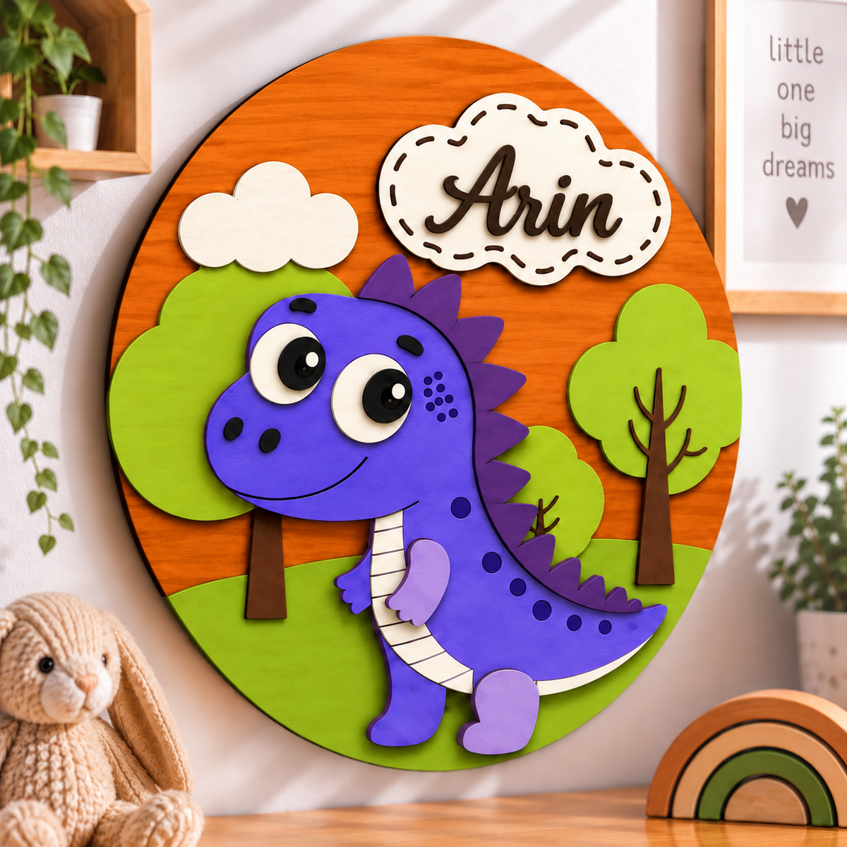 Personalised Wooden Dinosaur Name Sign Kids Nursery Bedroom Wall Decor