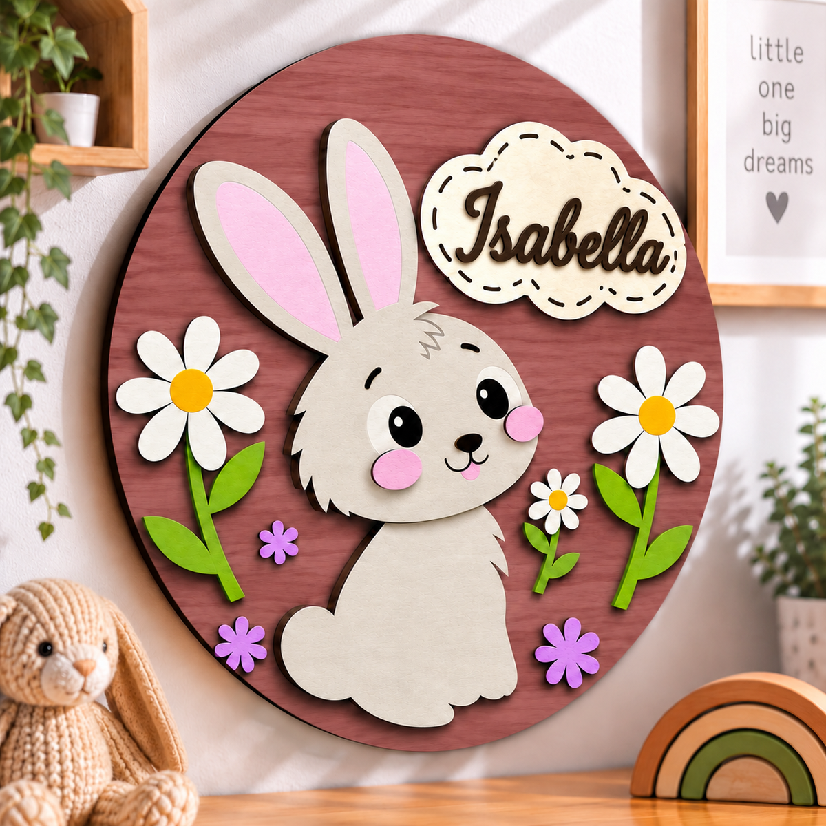 Personalised Wooden Bunny Name Sign Kids Nursery Bedroom Wall Decor