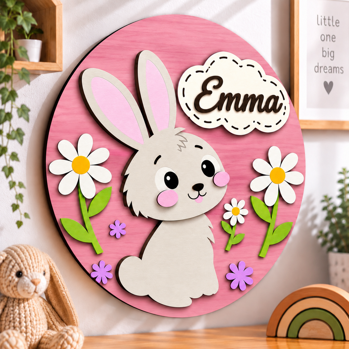Personalised Wooden Bunny Name Sign Kids Nursery Bedroom Wall Decor
