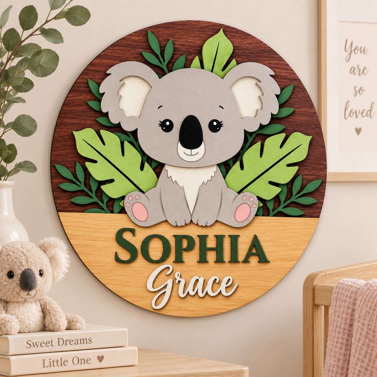 Personalised Wooden Koala Name Sign Kids Nursery Bedroom Wall Decor