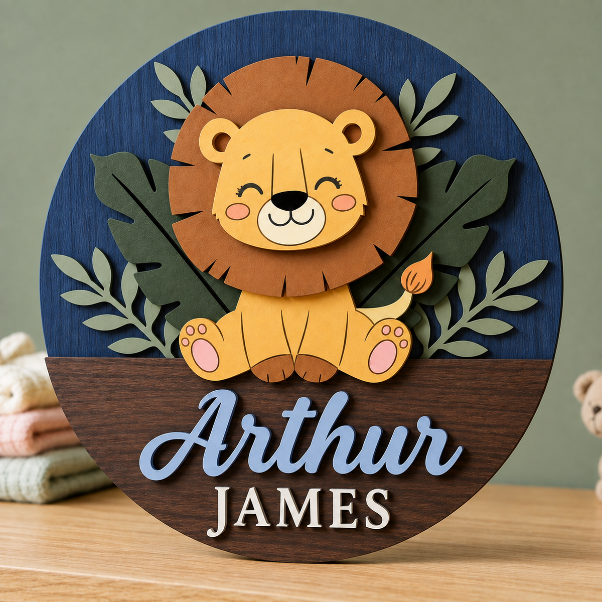 Personalised Wooden Lion Name Sign Kids Nursery Bedroom Wall Decor