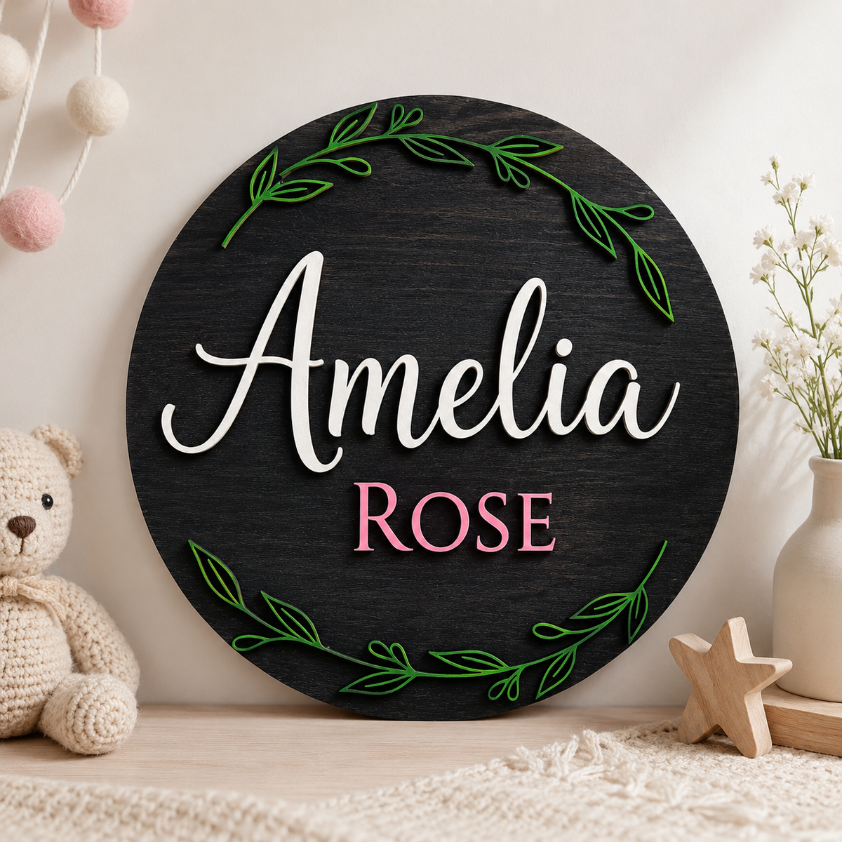 Custom 3D Wooden Name Sign Leaf Wreath Plaque Birch Plywood Botanical Decor