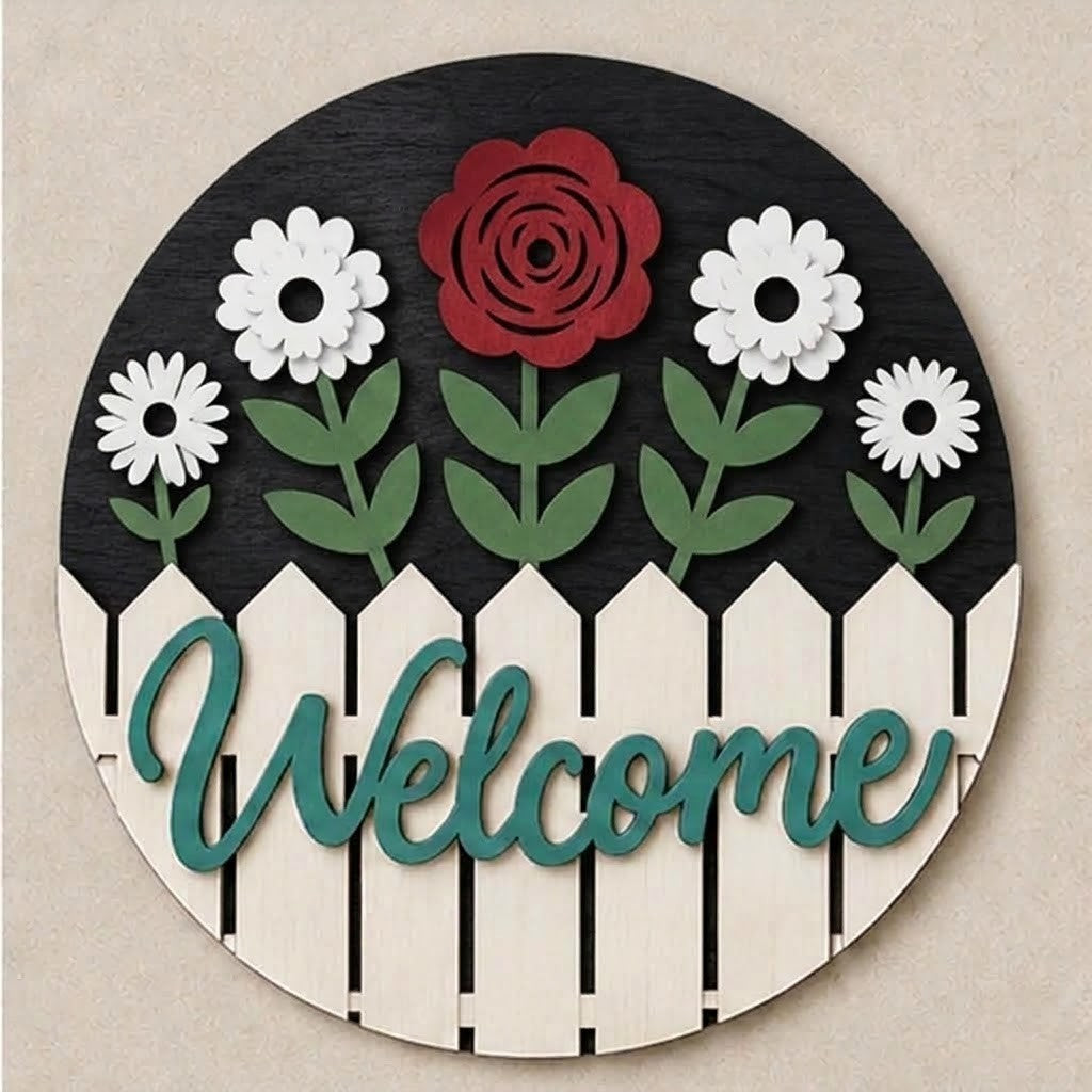 Personalised Floral Welcome Wooden Sign Front Door Home Wall Decor