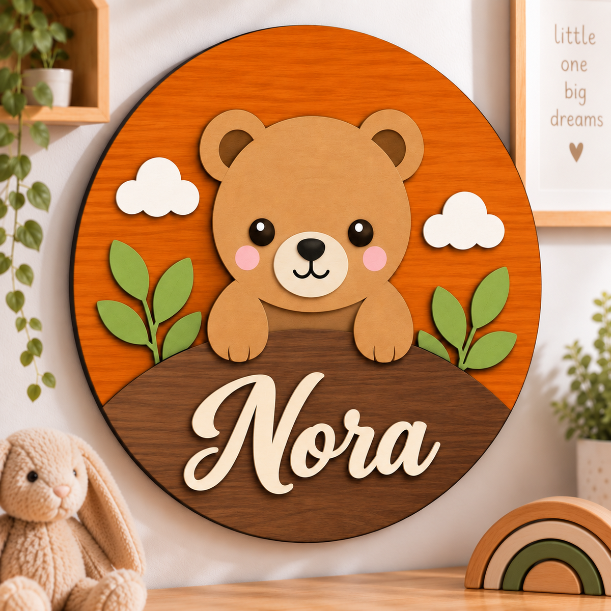 Personalised Wooden Bear Name Sign Kids Nursery Bedroom Wall Decor