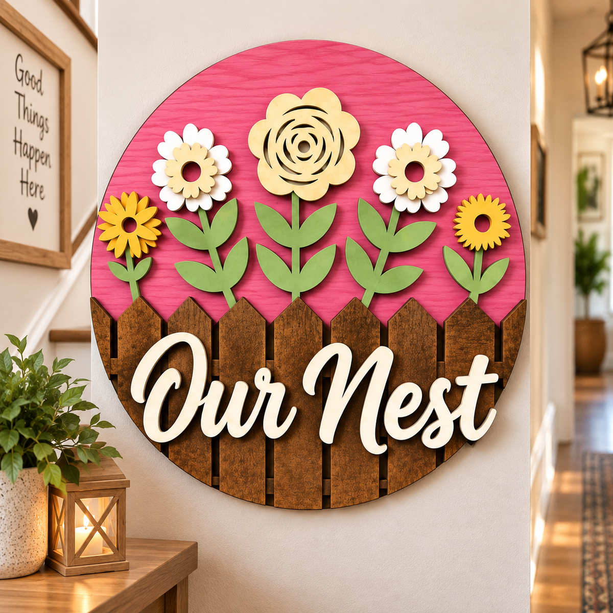 Personalised Floral Welcome Wooden Sign Front Door Home Wall Decor