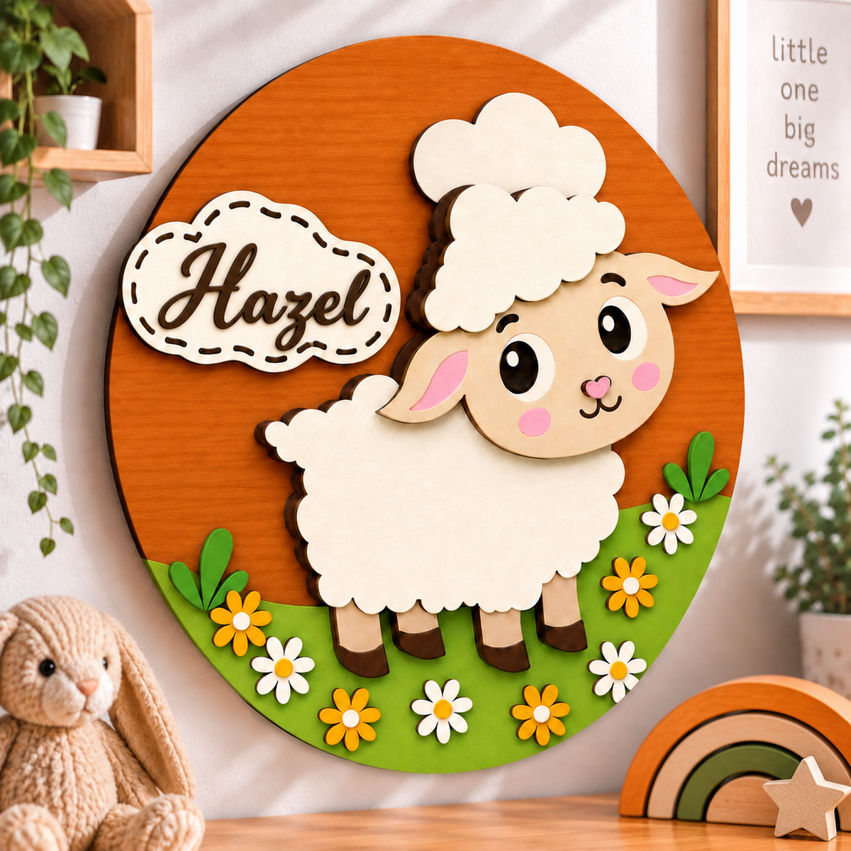 Personalised Wooden Sheep Name Sign Kids Nursery Bedroom Wall Decor