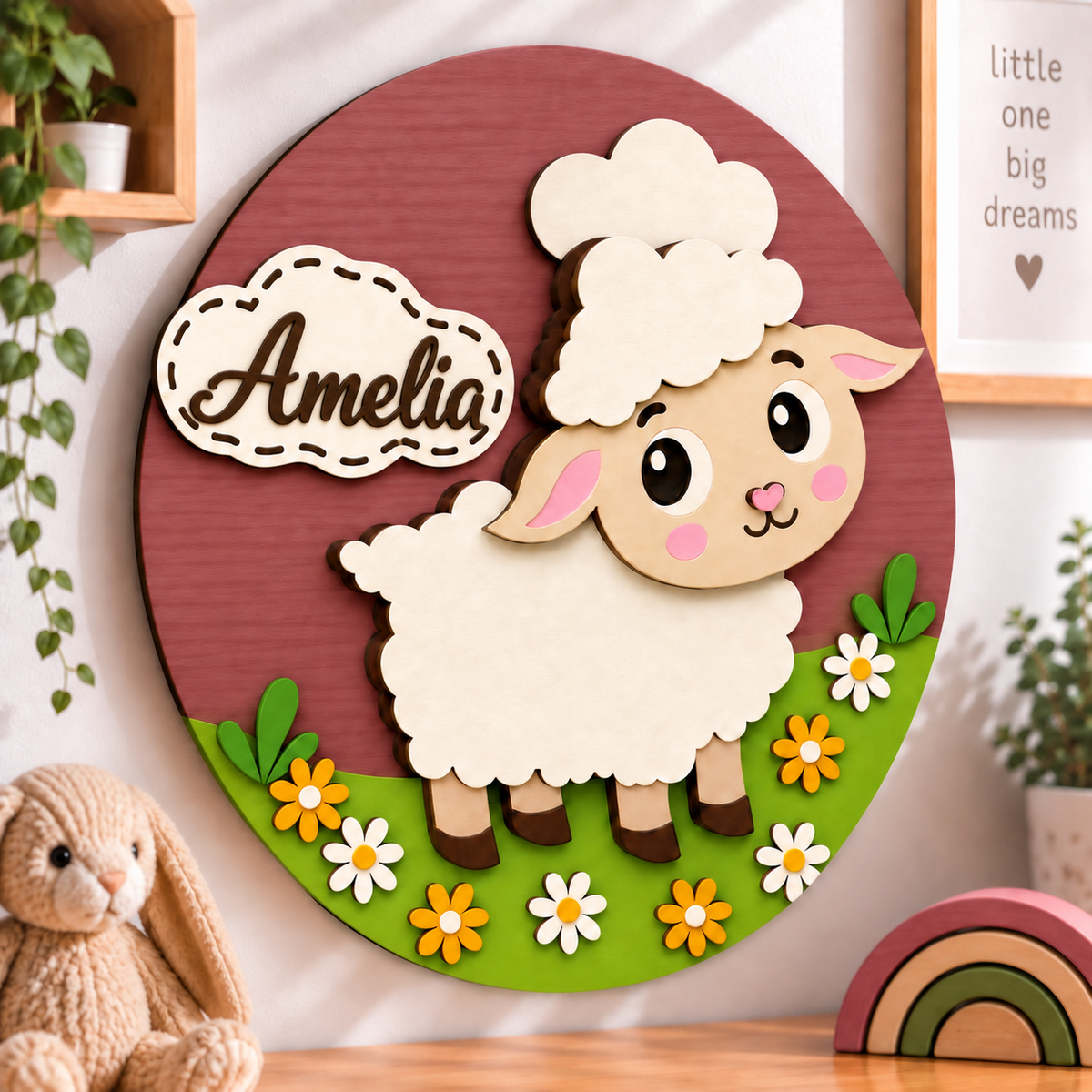 Personalised Wooden Sheep Name Sign Kids Nursery Bedroom Wall Decor