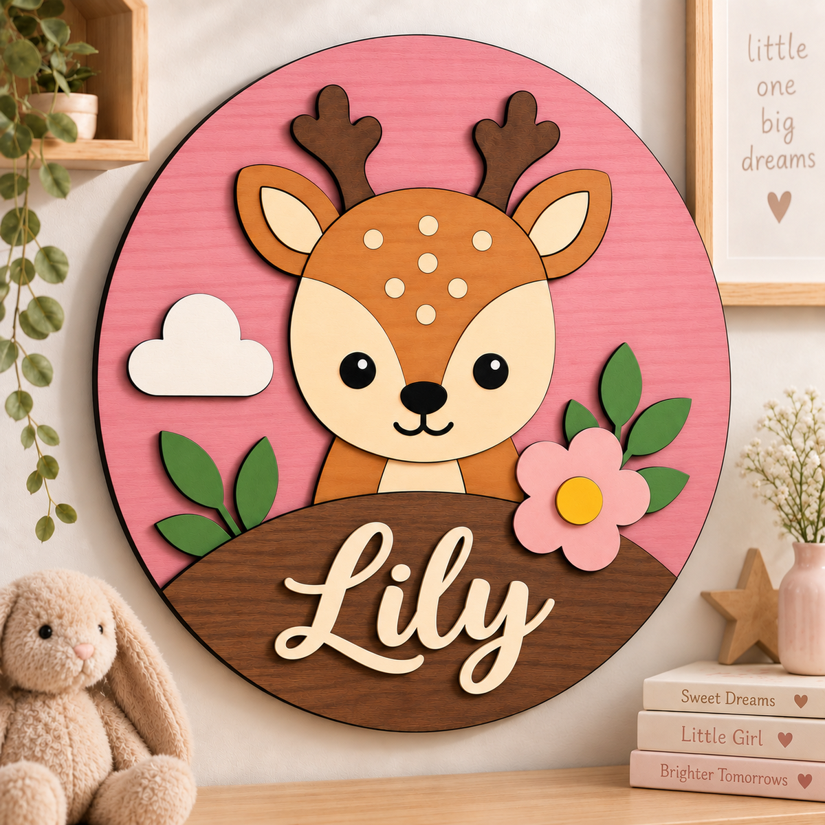 Personalised Wooden Deer Name Sign Kids Nursery Bedroom Wall Decor