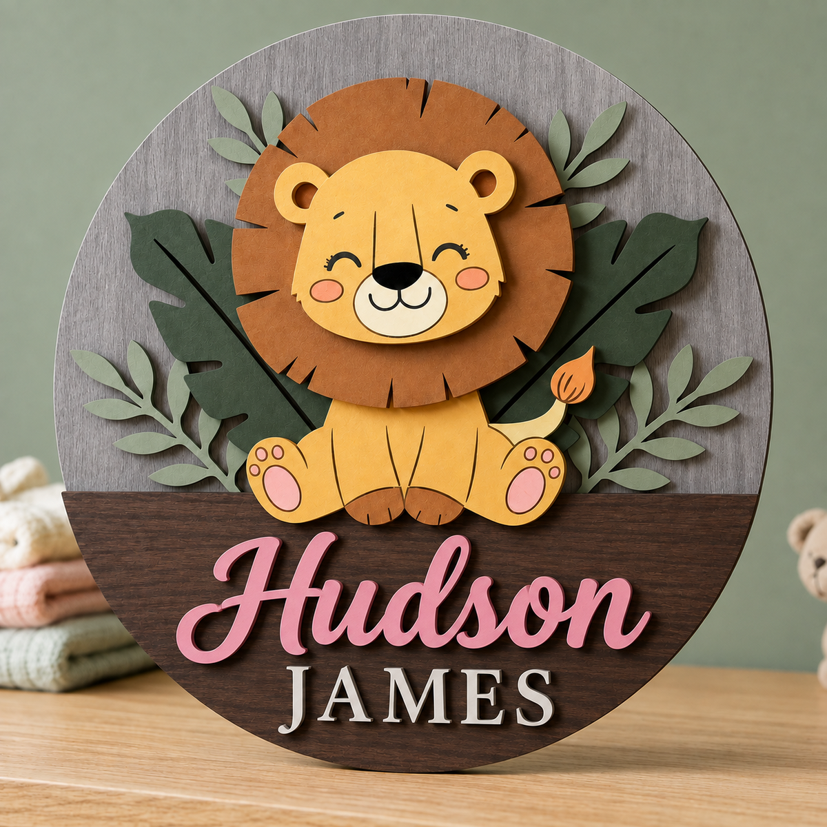 Personalised Wooden Lion Name Sign Kids Nursery Bedroom Wall Decor