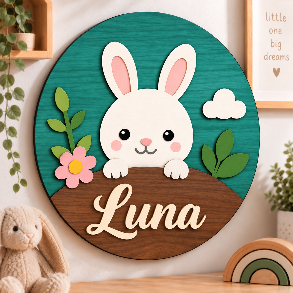 Personalised Wooden Bunny Name Sign Kids Nursery Bedroom Wall Decor