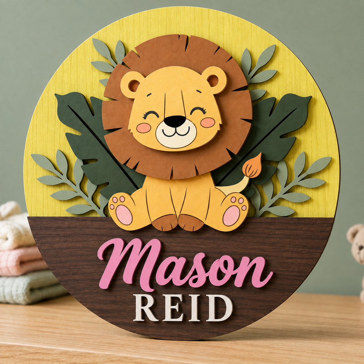 Personalised Wooden Lion Name Sign Kids Nursery Bedroom Wall Decor