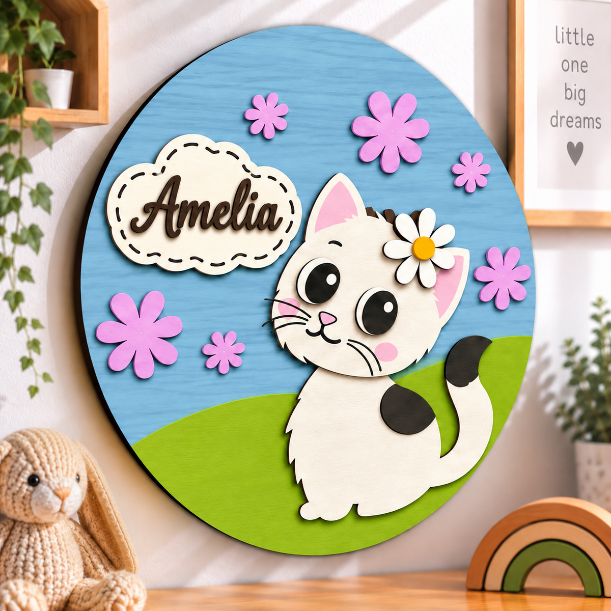 Personalised Wooden Cat Name Sign Kids Nursery Bedroom Wall Decor
