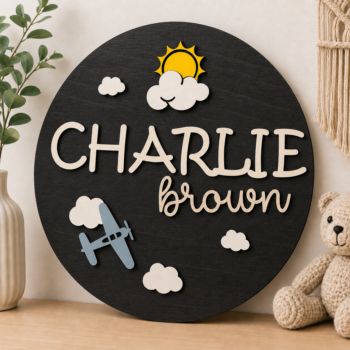 Personalised Aeroplane Name Sign Kids Nursery Bedroom Wall Decor
