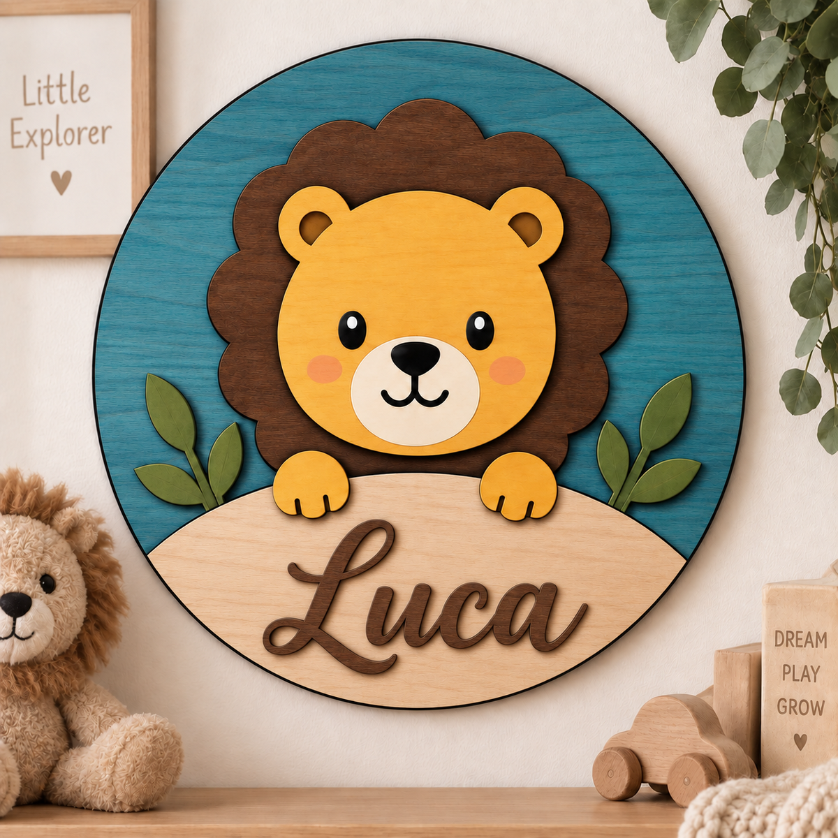 Personalised Wooden Lion Name Sign Kids Nursery Bedroom Wall Decor