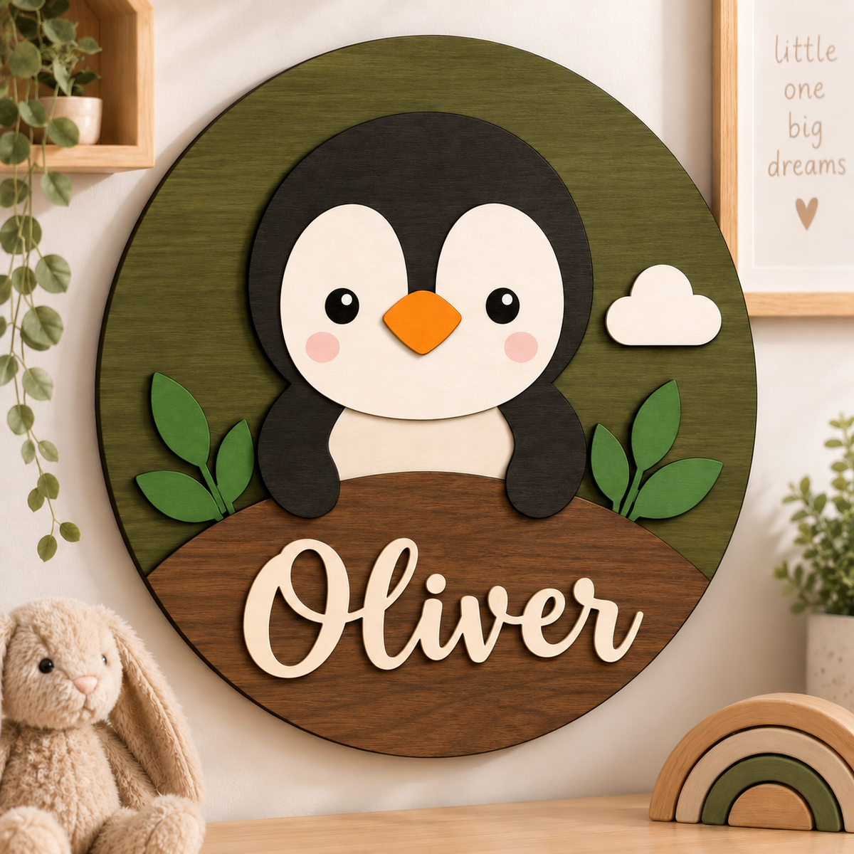 Personalised Wooden Penguin Name Sign Kids Nursery Bedroom Wall Decor