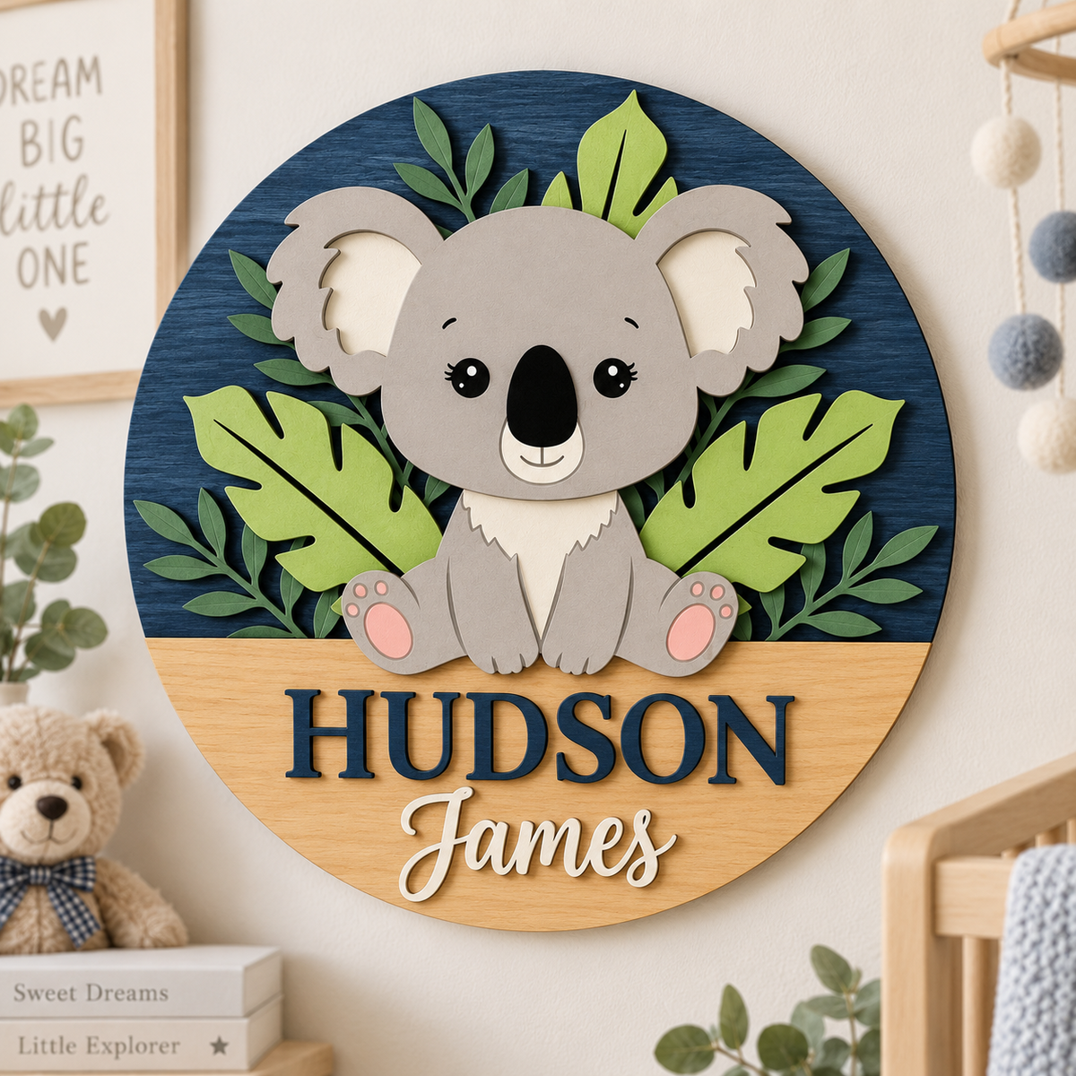 Personalised Wooden Koala Name Sign Kids Nursery Bedroom Wall Decor
