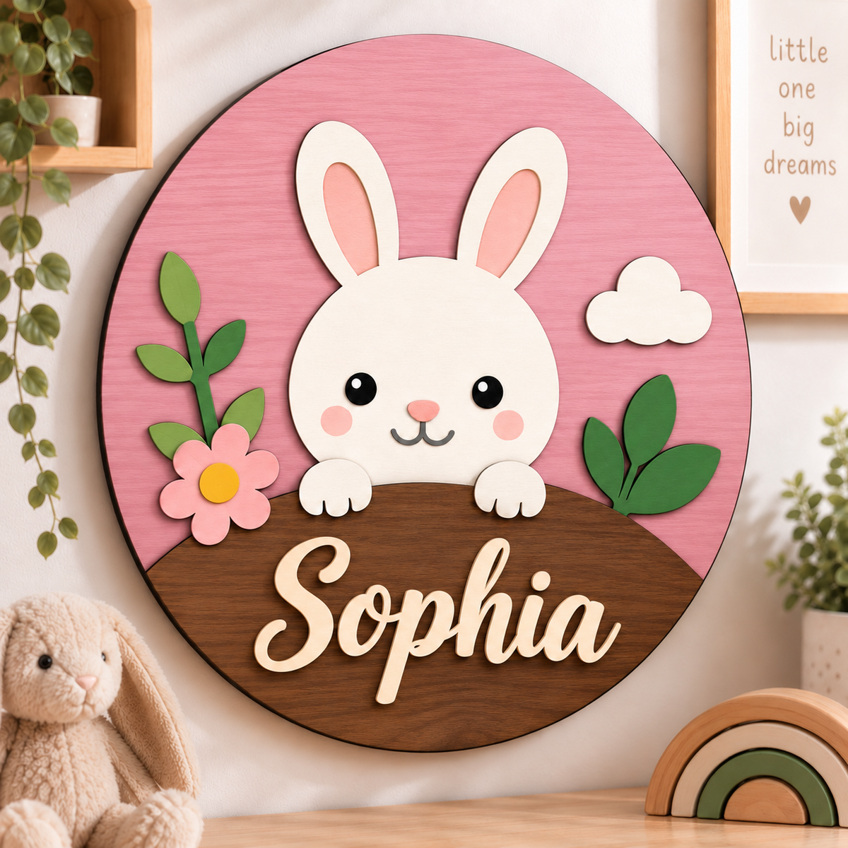 Personalised Wooden Bunny Name Sign Kids Nursery Bedroom Wall Decor