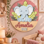 Personalised Wooden Elephant Name Sign Kids Nursery Bedroom Wall Decor