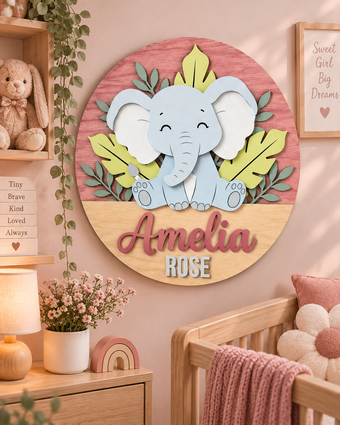 Personalised Wooden Elephant Name Sign Kids Nursery Bedroom Wall Decor