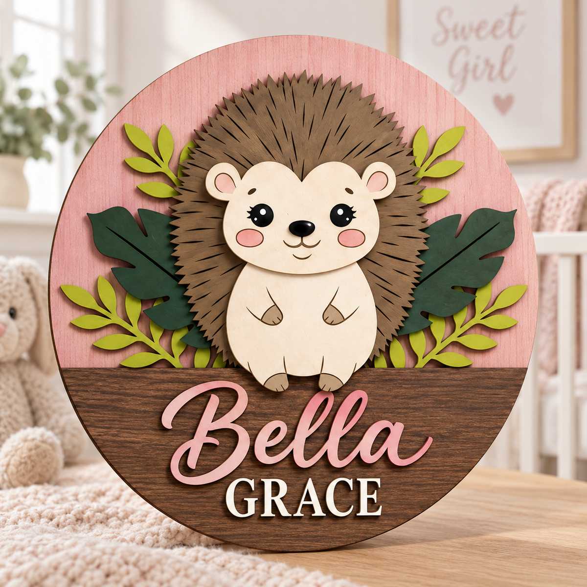 Personalised Wooden Hedgehog Name Sign Kids Nursery Bedroom Wall Decor