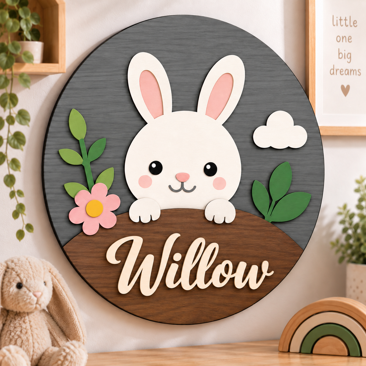 Personalised Wooden Bunny Name Sign Kids Nursery Bedroom Wall Decor