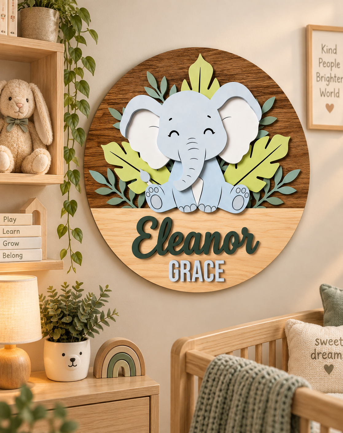 Personalised Wooden Elephant Name Sign Kids Nursery Bedroom Wall Decor