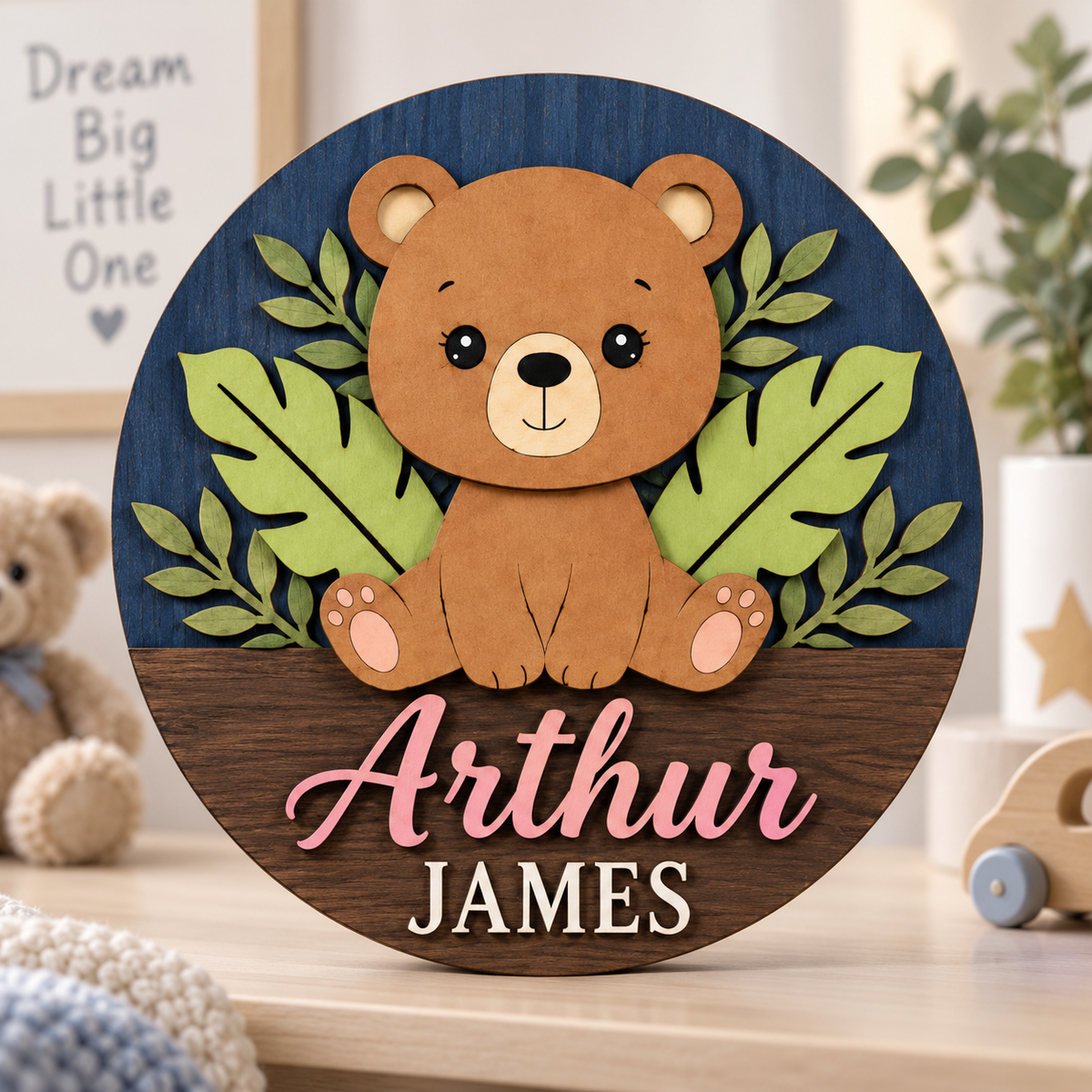 Personalised Wooden Bear Name Sign Kids Nursery Bedroom Wall Decor