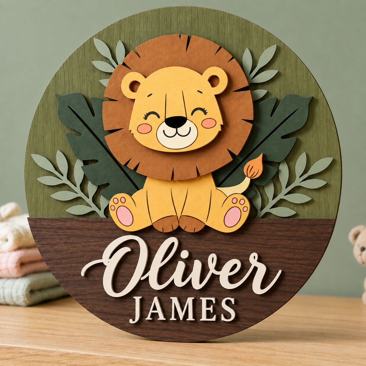 Personalised Wooden Lion Name Sign Kids Nursery Bedroom Wall Decor
