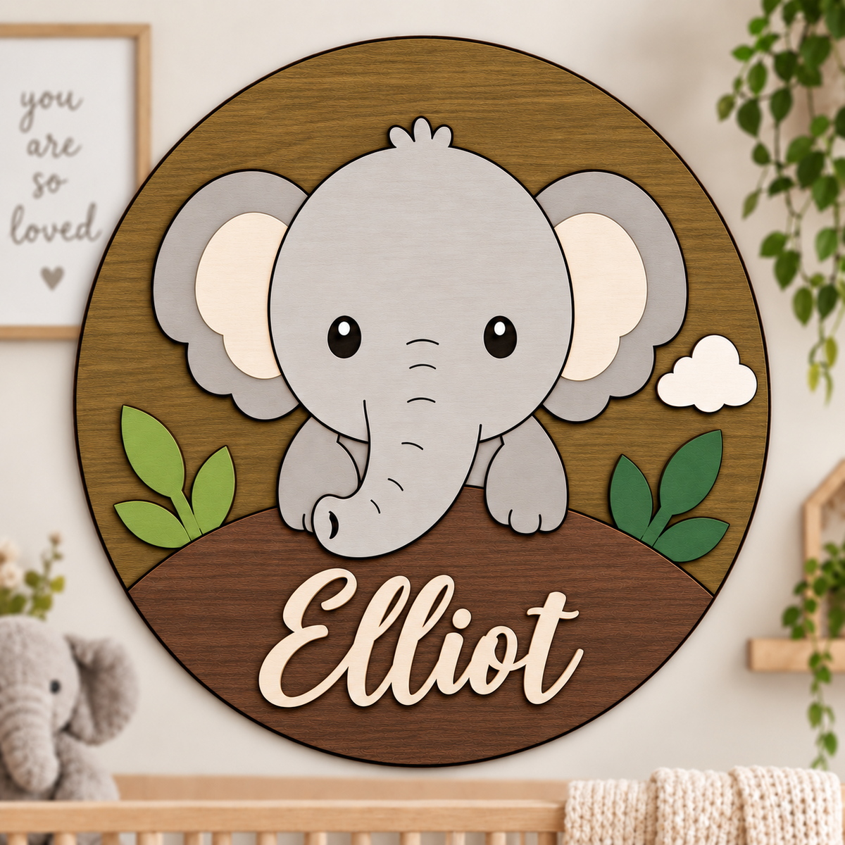 Personalised Wooden Elephant Name Sign Kids Nursery Bedroom Wall Decor