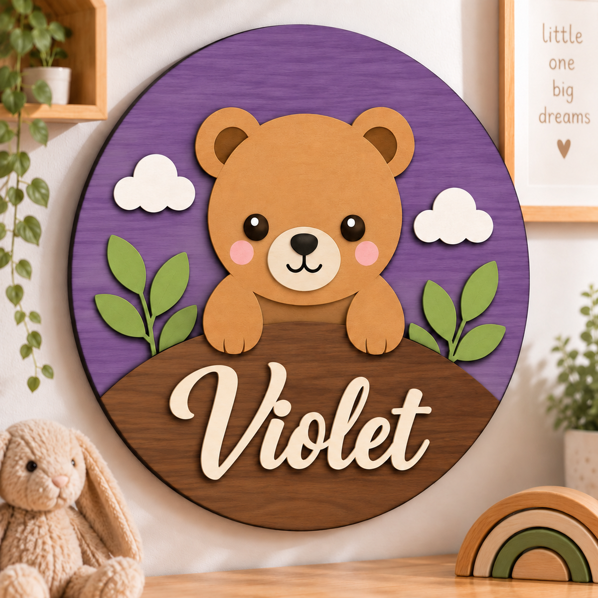 Personalised Wooden Bear Name Sign Kids Nursery Bedroom Wall Decor