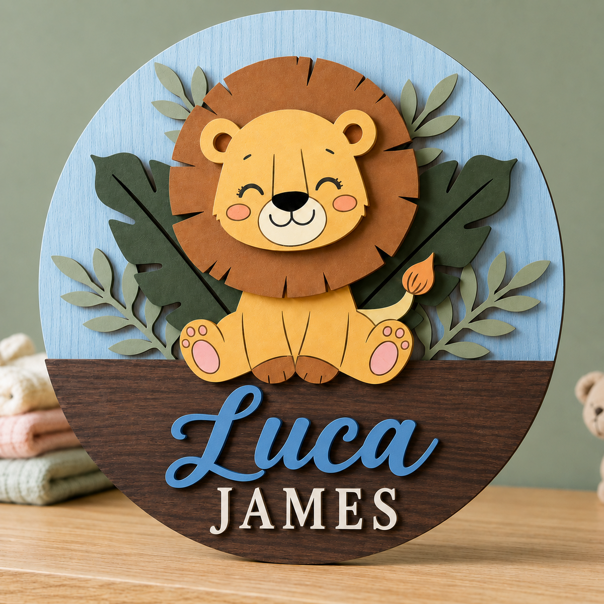 Personalised Wooden Lion Name Sign Kids Nursery Bedroom Wall Decor