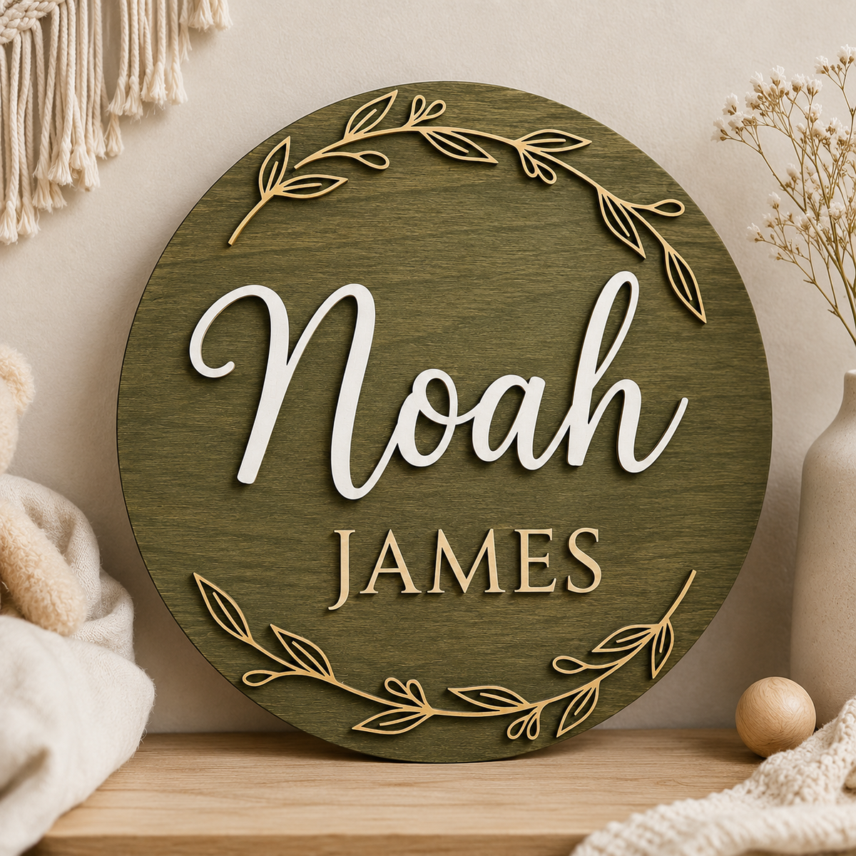 Custom 3D Wooden Name Sign Leaf Wreath Plaque Birch Plywood Botanical Decor