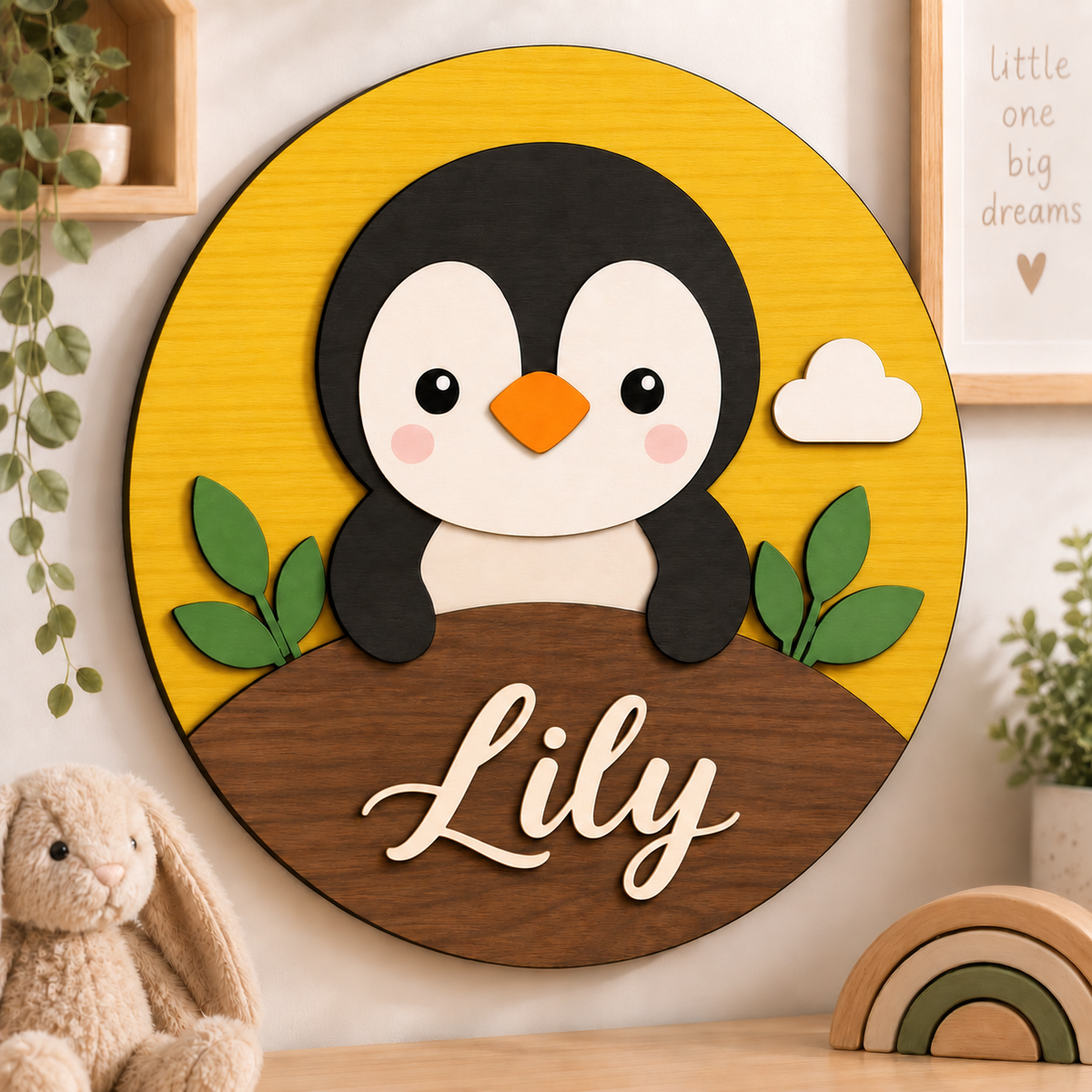 Personalised Wooden Penguin Name Sign Kids Nursery Bedroom Wall Decor