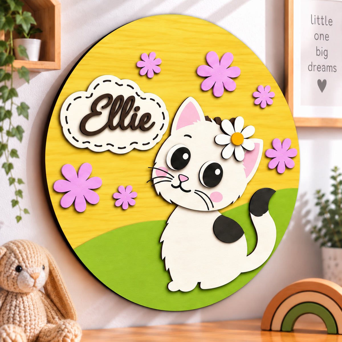 Personalised Wooden Cat Name Sign Kids Nursery Bedroom Wall Decor