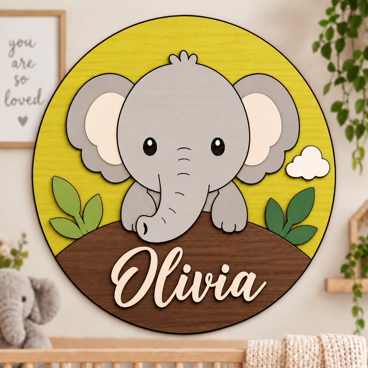 Personalised Wooden Elephant Name Sign Kids Nursery Bedroom Wall Decor
